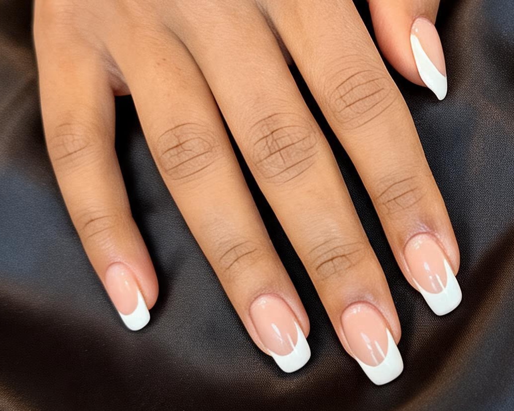 French manicure with classic white tips on square-oval shaped natural looking nails against a dark satin background.