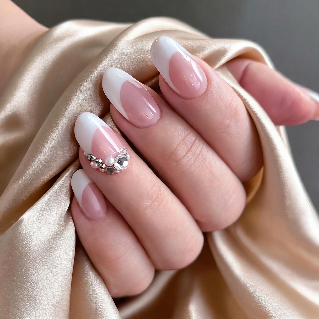 Elegant French manicure on almond nails with pearl and rhinestone accents, holding champagne satin fabric.