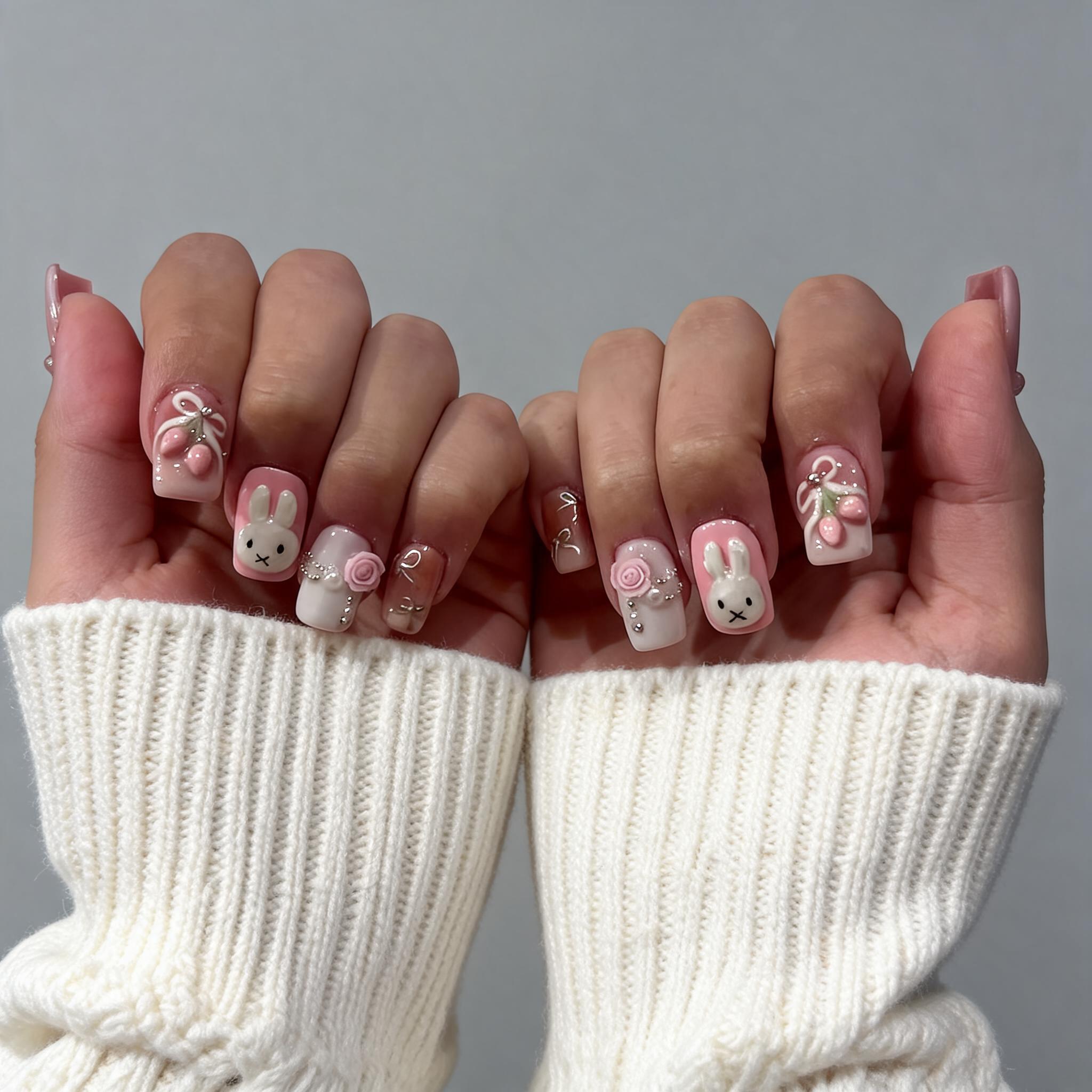 Hands showing detailed 3D nail art with cute bunny faces, roses, and small fruit, using light pink and cream colors. (AI-generated image)